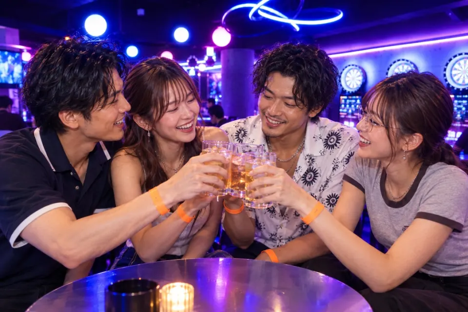 オレンジのバンドを着けた男女4人が、ネオンの店内でグラスを合わせて乾杯している様子